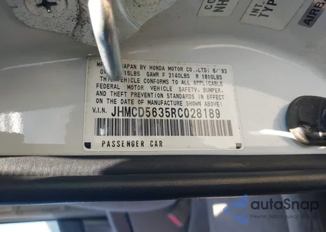 1994 Honda Accord Lx из США, поврежденный, VIN JHMCD5635RC028189